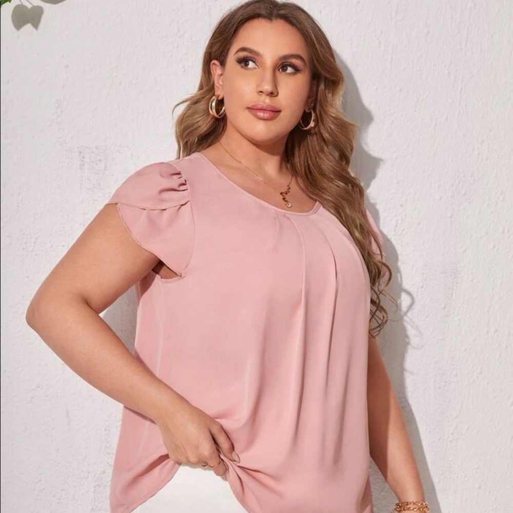 SHEIN curve 4xl pink scoop neck petal sleeve blouse